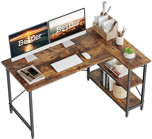Bestier L Shaped Desk Computer Desk with Shelves Small Corner Desk 140CM Reversible Computer Desk Writing Table with Bookshelf for Home Office Small Space
