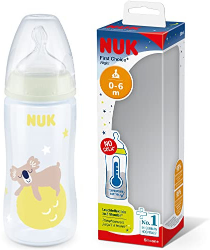 Nuk First Choice+ biberon de nuit, 0-6 mois, Phosphorescent, Contrôle de la température, Système d’aération anti-colique, 300 ml, Sans BPA, Tétine en silicone, Koala