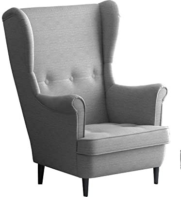 Leo Lounge Sessel mit Armlehnen, Stuhl aus Stoff mit Holz Füßen, Ohren- & armlehnensessel, Polsterstuhl, Ohrensessel, Ohrensessel groß, für Esszimmer & Wohnzimmer (Hellgrau, Ohne Hocker)
