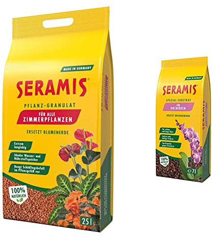 Seramis Pflanz-Granulat für alle Zimmerpflanzen, 25 l – Pflanzen Tongranulat & Spezial-Substrat für Orchideen, 7 l – Orchideensubstrat mit Tongranulat und Pinienrinde,Gelb