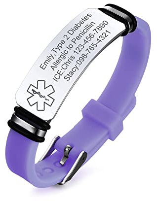 Vnox Bracciale di Emergenza Bracciale Personalizzato per Ragazze mediche: Bracciali identificativi Personalizzati in Silicone Incisione Bracciale Medico Regolabile in Acciaio Inossidabile da Donna