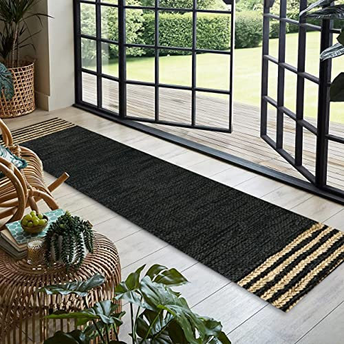 GRUHUM Jute-Läufer, 70 x 200 cm, Naturfaser, schwarz, rechteckig, Jute-Teppich, Leder, handgewebt, Boho, Bauernhaus, geflochten, rustikal, Vintage, umweltfreundlich, für Küche, Wohnzimmer,