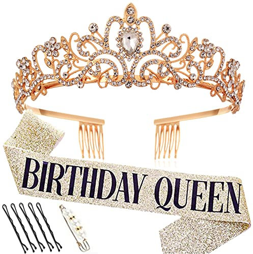 Voarge Kronenkristall Tiara Geburtstagskrone Schärpe, Crown Frauen Mädchen Geburtstag Tiara für Geburtstag Geschenk Party Zubehör und Party Dekorationen (gold)