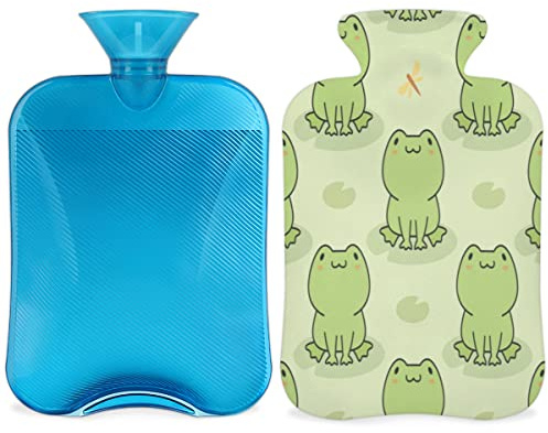 Frosch Wärmflasche mit flauschigem Bezug, 2 l großes Fassungsvermögen, Wärmflasche, Frosch, niedliche Cartoon-Flasche für gemütliche Nächte, lindert Schmerzen, Rücken, Nacken und Schultern