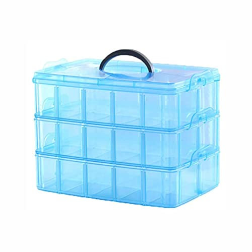 SUL 3 Tier Transparent Stackable Storage Box with 30 Compartments, Craft, Toys Storage Box with Carry Handle, Storing & Organising Jewellery, Arts & Crafts, Tools (Blue)