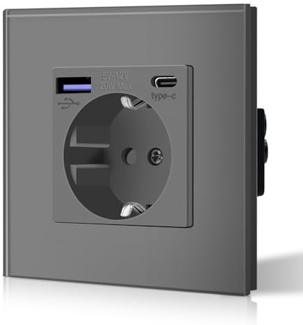 BSEED Schuko Wand Steckdose mit 20W USB & Typ C Schnellladegerät Glas 3 in 1 Unterputz Wandsteckdose Ladeleistung und USB C Adapter Aufladestation, Einfache Installation Grau
