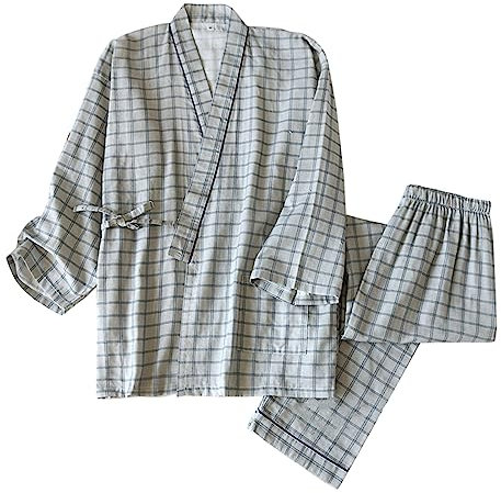 RAFYZY Herren 2-teilig Pyjamas Sets Japanische Plaid Kimono Bademäntel Nachtwäsche Pjs Set Pyjamas,Gray Plaid,L