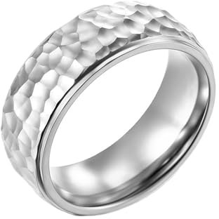 Edelstahl Ring Herren, Männer Hochzeit Ringe 8MM Comfort Fit Ring mit Hammerschlag-Muster Hochglanzpoliert, Silber, Größe 67 (21.3)