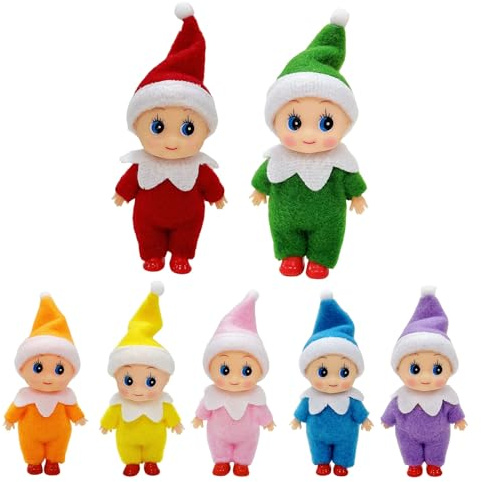 Mienocol 7 Stück Weihnachtselfen Figuren Mini Elfen für Jungen Mädchen,Regenbogen Mini Puppe Elf Weihnachten Baby Winziger Weihnachtself für Weihnachten Neujahr Geschenk,Weihnachtsstrumpffüller
