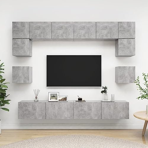 Homgoday Ensemble de 8 meubles TV en aggloméré gris béton, meuble pour TV, salon, salle à manger, table basse, télévision, équipement de musique, meuble bas de rangement, support type 8