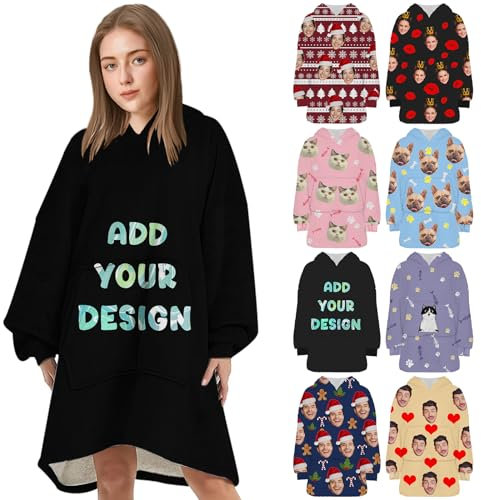 Tredane Hoodie Decke Personalisierte Kuschelpullover Damen Männer Gestaltet Ihr eigenes Foto Text Gesicht Kuschelpullover mit Tasche Weihnachtsgeschenke