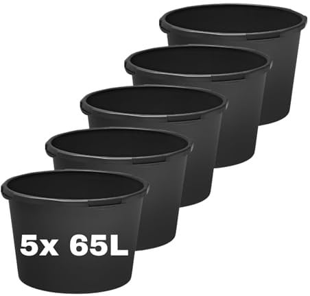 STELLA GREEN Lot de 5 bacs à mortier de 40 à 90 litres - Pour jardin, chantier, maison - Grand - XXL - Noir - 65 l x 5 pièces (ronds).