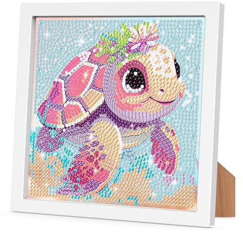 RICUVED Schildkröte Diamond Painting Kinder Mit Holzrahmen, Full Diamant Painting Bilder Tiere, 5D DIY Mosaikherstellung Arts Craft für Decor 18x18cm