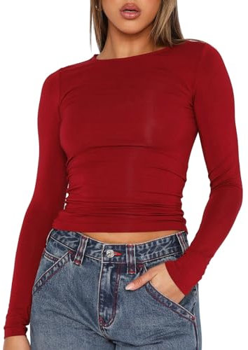 Women's Casual Crop Tops Slim Fit Top Crew Neck Long Sleeve Tight T-Shirt Basic Blouse Tee Tops(WineRed-8,L)