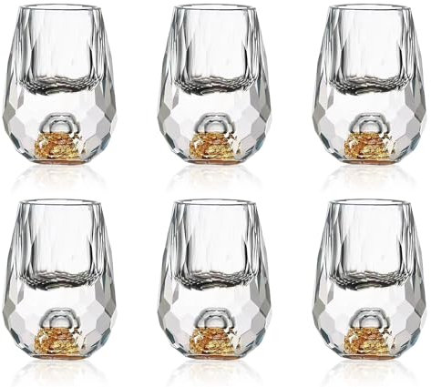 Soopiiso Kristallgläser, 15 ml, verziert mit 24 Karat Blattgoldflocken, bleifrei, goldene Schnapsgläser, Tequila-Schnapsgläser(6 Stück)