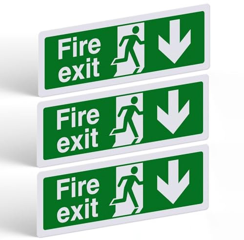 Lot de 3 panneaux de sortie de secours avec flèche vers le bas – Paysage – 300 mm x 100 mm – Autocollant en PVC avec dos autocollant