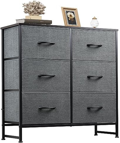 WLIVE Kommode mit 6 Schubladen aus Stoff, Kommodenschrank für Schlafzimmer, Kommode Wohnzimmer, mit Stabiler Stahlrahmen, Holzplatte, Dunkelgrau