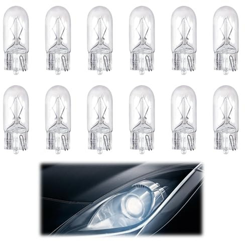 12 PCS Bulbs T10 Car Interior Light, 12V 5W 501 W5W Halogen Bright Enhanced Lasting Exterior Lighting Capless Side Light Replacement for Parking Dashboard Lamp Sidelights License Plate Reverse (White)