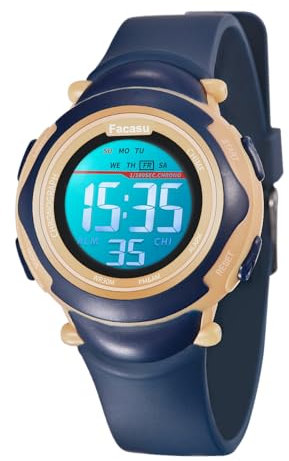 Facasu Kinderuhr Digital für Mädchen Jungen, Wasserdichte,Bunt Light,Outdoor Sport Uhren, Einfaches Ablesen Einstellen der Uhrzeit mit Stoppwatch Alarm für Kinder im Alter von 4–15 Jahren (Dunkelblau)