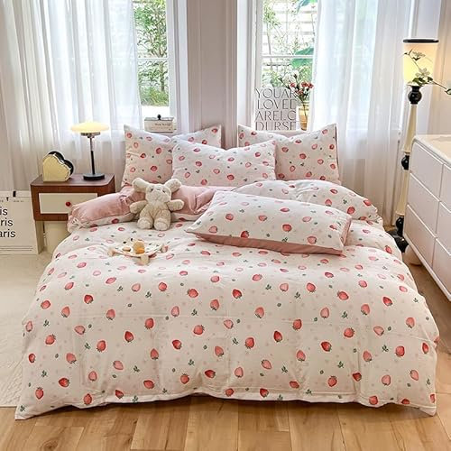 Freyamy Housse de Couette Fraise 240x260 Blanc Rose Parure de lit 2 Personne en Microfibre avec Fermeture Éclair Réversible Sets de Housse Couette avec 2 Taie d'oreiller 65 x 65 pour Filles Enfants