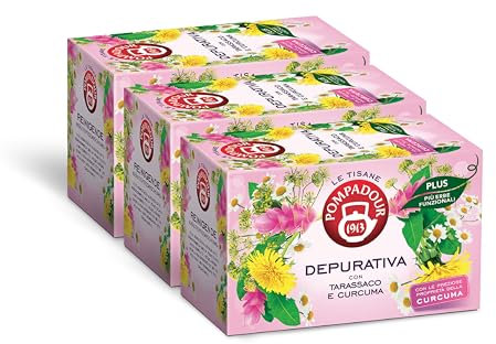 Pompadour, Tisana Depurativa Plus con Tarassaco e Curcuma, 54 Filtri (3 Confezioni da 18 Filtri), Proprietà Drenanti e Purificanti, Senza Lattosio, Glutine e Allergeni, Vegan