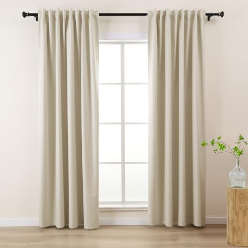 L.Z.E Vorhänge Verdunkelung Beige, Creme Abdunkelnde Gardinen Vorhang mit Kräuselband, Lichtundurchlässige Gardinenschal für Schlafzimmer und Wohnzimmer, 245 cm Lang, Schiene Schienensystem Geeignet