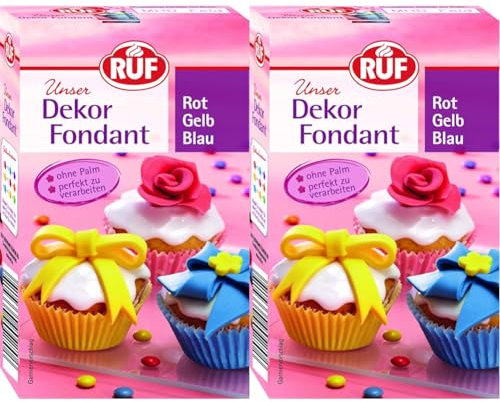 RUF Fondant rot, gelb, blau zum Formen von Figuren, Blumen und Buchstaben geeignet, Modellierfondant, Rollfondant, ohne Palmöl, glutenfrei und vegan, 225g (Packung mit 2)