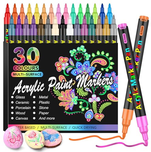 Laconile Acrylic Paint Pens for rock Painting,30 Fine Tip Paint Markers for Wood Glass Stone Wood Ceramic,Acrylic Marker Pens for For Christmas Easter Egg