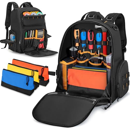 Rexmica Werkzeugtasche, Rucksack mit 3 Werkzeug-Reißverschlusstaschen, Werkzeug-Organizer-Tasche für Herren mit gepolsterter Unterstützung, taktische Werkzeugaufbewahrung, Arbeitstasche für