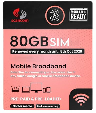 Three 80GB Data SIM - Uncapped 5G - Preloaded MONTHLY Until October 2026 - Plug & Play for Routers & Phones - Access to Three & Vodafone - Connects to the Strongest Signal available
