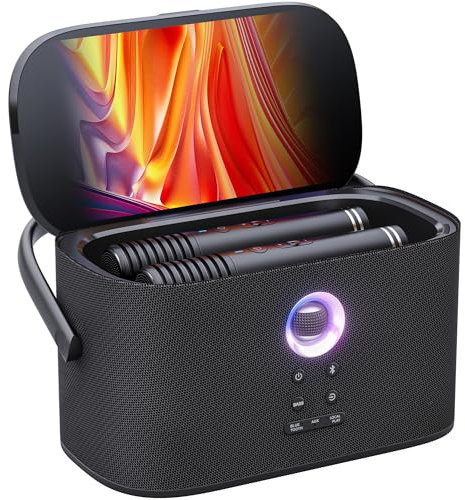 Ikarao Portable Karaoke Machine for Adults, Built-in Lyrics Display and Screen, 2 Self-Charging Wireless Microphones, Karaoke App, 140W Speaker, Connects to TV for Party Birthday Outdoor (Shell S2)