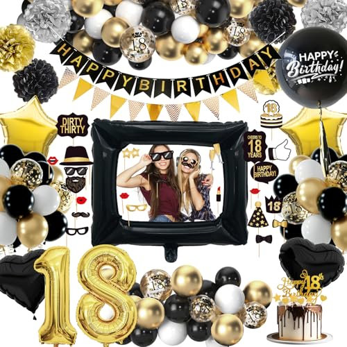 WINAROI 18 Geburtstag Deko Junge Mädchen, 18. Schwarz Gold Geburtstag Luftballons mit Fotorequisiten Happy Birthday Banner, Deko 18. Luftballons, Birthday Party Decorations
