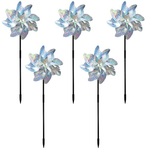 Pack of 5 Reflective Bird Deterrent Windmill, 52cm Sparkly Pinwheel Reflective Pigeon Deterrent,Repellent Windmills Scare Birds Wind Energy,Protect Garden Crop Fruit Flower, Keep Birds Away for Garden