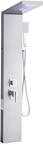 VEVOR Sistema de Ducha 5 en 1 con Panel Tipo Torre y Cabezal Tipo Cascada con Efecto Lluvia, LED, Columna de Ducha de Acero Inoxidable Cepillado, Grifo 5 Funciones, con Caño de Mano y de Bañera