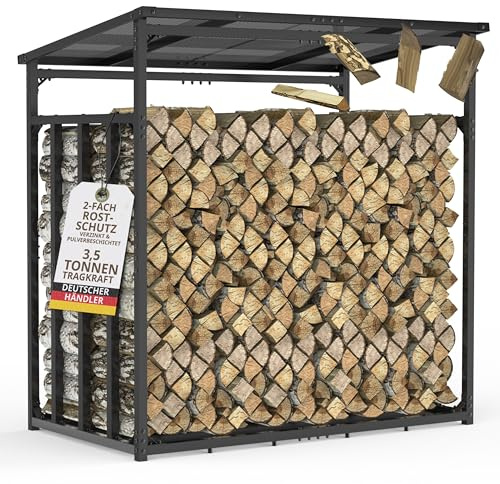 Kaminholzregal Metall außen 185x105x185 cm I verzinkt I anthrazit I 4x4cm Querschnitt I 3,5t Tragkraft I mit Dach I stabile Holzlege für Brennholz I Metallregal I wetterfest I RAL 7016