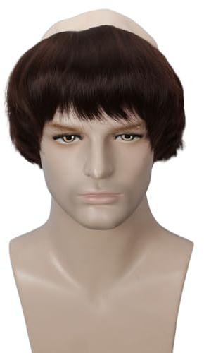 Linfairy Short Straight Bald Cosplay Wig Bowlcut Funny Costume Party Halloween for Men (Brown)