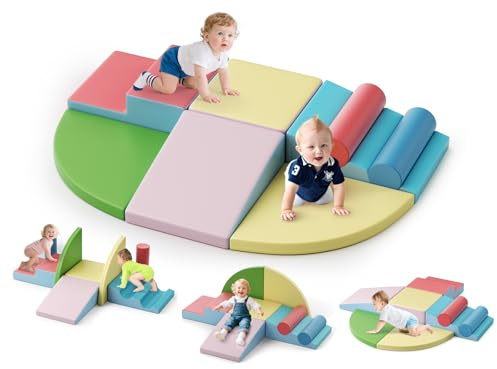 Brolteja Baby-Schaumstoffbausteine, Softplay-Set für Kleinkinder von 1–3 Jahren, Baby-Kletterturm mit Rutsche, große Bausteine ​​für Kleinkinder (Makkaronfarbe-8-Lederabdeckung)