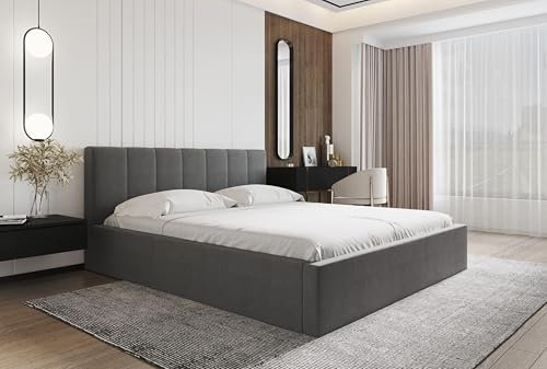 AXLIVING Polsterbett 160x200 cm Grau – Modell Mannte mit Stauraum