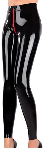 IOKUKI Latex-Leggings für Damen,Schwarze Latexhosen mit Roter Reißverschluss im Schritt（Socken Nicht Enthalten