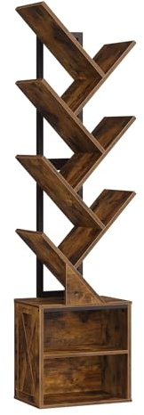 RALGEND Bücherregal Baumform, Standregal 9 Ebenen 127,5 cm, Vintagebraun | Metallgestell, Eckregal platzsparend, Bücherturm Freistehend für Wohnzimmer, Schlafzimmer, Büro, Bücherzimmer