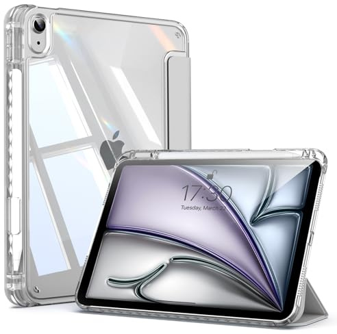 Lsmmpoba Case for iPad Air 11 Inch M3/M2 (2025/2024), iPad Air 5th/4th Generation 10.9 Inch (2022/2020) with Pencil Holder, Clear Back Shell Shockproof Cover, Auto Wake/Sleep, Gray