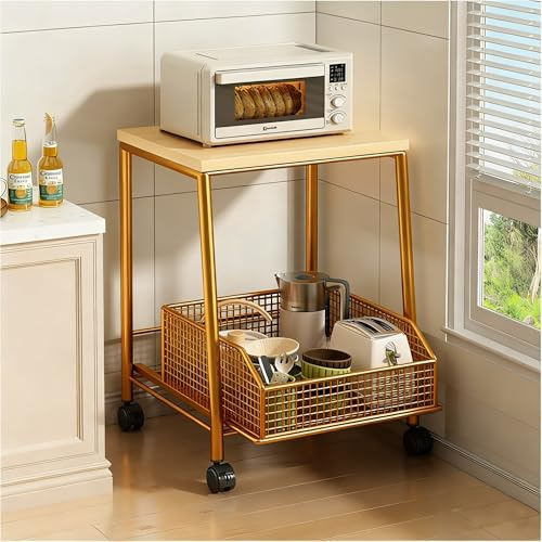 ZUOZHE Carrello Microonde Piccolo, Credenza Organizer Per Macchina Da Caffè Con Cassetto, Mobile Cucina Multifunzione Con Ruote, 2 Ripiani E Scaffale, Compatto Per Cucina, Ufficio(Gold,15.75x13.78in)