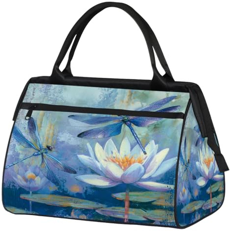 VQUVQV Reisetasche, wasserdicht, Sporttasche, Wochenendtasche, Übernachtung, Handgepäcktasche für Männer und Frauen, Seerosen, Libellen-Kunst