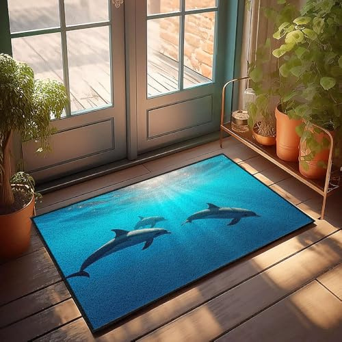 DRPZ Fußmatte mit drei Delfinen, schwimmend, Unterwasser-Fußmatte, Zimmertür-Dekoration, Herbstmatten für Haustür (50 x 80 cm)