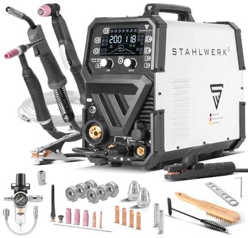 STAHLWERK Schutzgasschweißgerät 6-in-1 Kombi CTM-250 Puls Pro bis 200 A | WIG, MIG/MAG, MMA (E-Hand) & FLUX, Plasmaschneider (CUT) bis 45 A, synergischer Drahtvorschub und Puls-Funktion