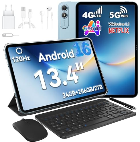 OSCAL Android Tablet 13 Inch, 120Hz, Android 16 Tablet with Keyboard, 24GB+256GB, Gaming Tablets with SIM Card Slot, Gemini AI & Doke5.0, 8300mAh (18W), Pen, 4G LTE, 5G Wifi/Widevine L1/Face ID, Blue