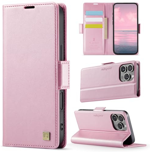 Teeirllim for iPhone 16 Pro Max, Premium Wallet Case Leather Flip Cover, with RFID Blocking Credit Card Holde, Flip Kickstand Protective Shockproof Cover - Rose gold