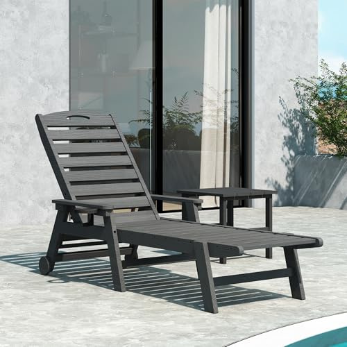 Domi Sonnenliege Set mit Beistelltisch, Outdoor Liege aus HDPE, verstellbare Rückenlehne, Gartenliege für Terrasse, Garten & Poolbereich, Weiß, Grau