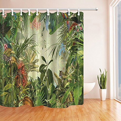 Nyngei Duschvorhang mit Ringen, Tropische Regenwald-Dekoration, Tiere in der Palme und Bananenblätter, schimmelresistent, Polyester-Stoff, 180 x 180 cm, Grün