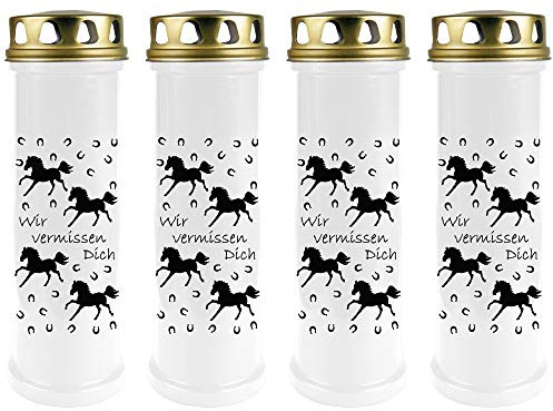 HS Candle Grabkerze - 4er Pack - (Weiß) Grablicht ca. 4 Tage Brenndauer je Kerze - Motiv: Pferde